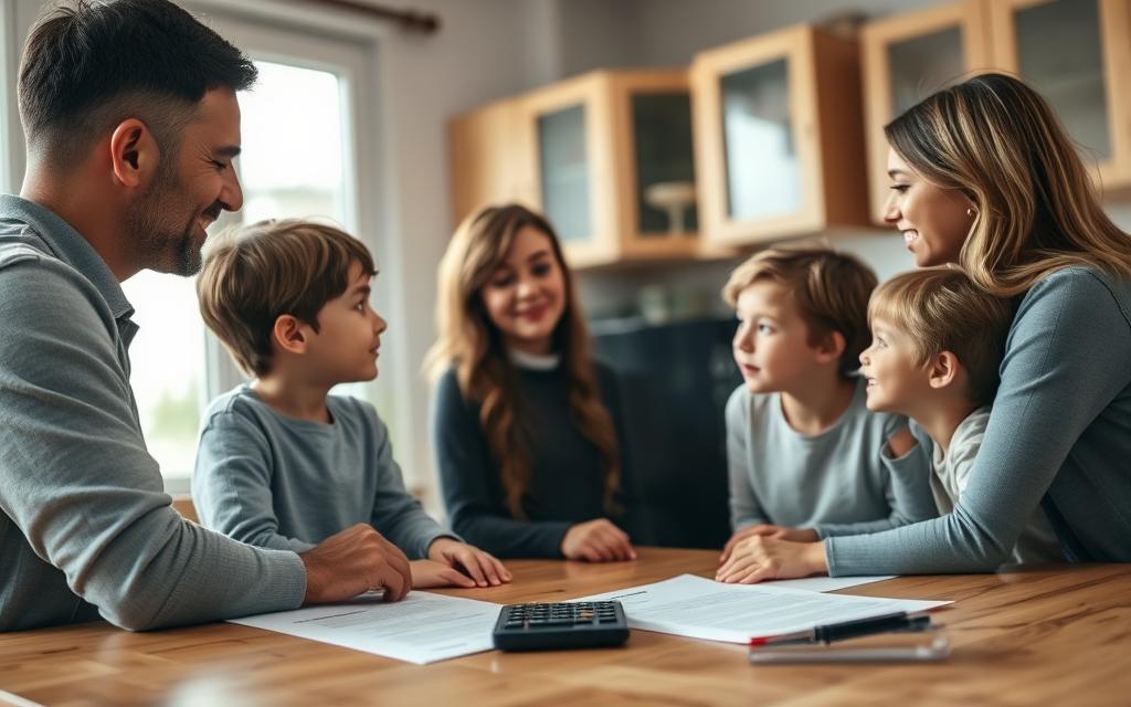 A Caring Family Gathers Around A Kitchen Table, Discussing Financial Matters With Empathy And Understanding. Soft Natural Lighting Filters Through A Nearby Window, Casting A Warm Glow On The Scene. The Parents And Children Engage In An Earnest Conversation, Their Expressions Thoughtful And Attentive. In The Middle Ground, A Calculator And Legal Documents Hint At The Practical Details Of Child Support, While The Background Suggests A Cozy, Welcoming Home Environment. The Overall Mood Is One Of Collaborative Problem-Solving, With The Wellbeing Of The Children At The Forefront. A Caring Family Gathers Around A Kitchen Table, Discussing Financial Matters With Empathy And Understanding. Soft Natural Lighting Filters Through A Nearby Window, Casting A Warm Glow On The Scene. The Parents And Children Engage In An Earnest Conversation, Their Expressions Thoughtful And Attentive. In The Middle Ground, A Calculator And Legal Documents Hint At The Practical Details Of Child Support, While The Background Suggests A Cozy, Welcoming Home Environment. The Overall Mood Is One Of Collaborative Problem-Solving, With The Wellbeing Of The Children At The Forefront.