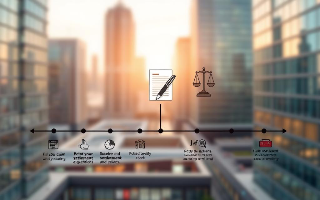 A Detailed Timeline Illustration Depicting The Key Milestones In A Legal Settlement Process. The Foreground Shows A Series Of Icons And Infographic Elements Representing The Stages From Filing A Claim To Receiving The Final Settlement Check. The Middle Ground Features A Stylized Legal Document, Pen, And Scales Of Justice Against A Blurred Architectural Backdrop. The Background Showcases A Serene Urban Cityscape With Modern, Glass-Clad Buildings Bathed In Soft, Warm Lighting. The Overall Composition Conveys A Sense Of Progress, Professionalism, And The Timely Resolution Of A Legal Matter. A Detailed Timeline Illustration Depicting The Key Milestones In A Legal Settlement Process. The Foreground Shows A Series Of Icons And Infographic Elements Representing The Stages From Filing A Claim To Receiving The Final Settlement Check. The Middle Ground Features A Stylized Legal Document, Pen, And Scales Of Justice Against A Blurred Architectural Backdrop. The Background Showcases A Serene Urban Cityscape With Modern, Glass-Clad Buildings Bathed In Soft, Warm Lighting. The Overall Composition Conveys A Sense Of Progress, Professionalism, And The Timely Resolution Of A Legal Matter.