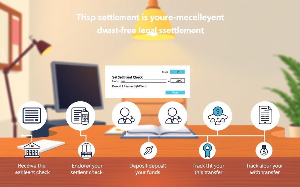 A Vibrant, Meticulously Detailed Illustration Depicting The Steps Involved In The Swift Disbursement Of A Legal Settlement. The Foreground Showcases A Series Of Icons Representing The Key Stages: Receiving The Settlement Check, Endorsing It, Depositing The Funds, And Tracking The Transfer. The Middle Ground Features Clean, Minimalist Infographic-Style Visuals Highlighting The Timeline And Flow Of The Process. In The Background, A Serene, Professional Office Setting With A Desk, Computer, And Financial Documents Sets The Tone. Warm Lighting From A Desk Lamp Casts A Soft Glow, Creating A Sense Of Efficiency And Organization. The Overall Composition Conveys A Streamlined, Hassle-Free Experience For The Recipient, Emphasizing The Swift And Seamless Nature Of The Settlement Disbursement. A Vibrant, Meticulously Detailed Illustration Depicting The Steps Involved In The Swift Disbursement Of A Legal Settlement. The Foreground Showcases A Series Of Icons Representing The Key Stages: Receiving The Settlement Check, Endorsing It, Depositing The Funds, And Tracking The Transfer. The Middle Ground Features Clean, Minimalist Infographic-Style Visuals Highlighting The Timeline And Flow Of The Process. In The Background, A Serene, Professional Office Setting With A Desk, Computer, And Financial Documents Sets The Tone. Warm Lighting From A Desk Lamp Casts A Soft Glow, Creating A Sense Of Efficiency And Organization. The Overall Composition Conveys A Streamlined, Hassle-Free Experience For The Recipient, Emphasizing The Swift And Seamless Nature Of The Settlement Disbursement.