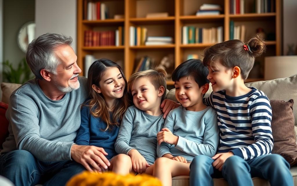 A Warm, Inviting Family Living Room Scene With A Supportive, Engaged Parent Providing Guidance And Comfort To Two Preteteen Children. The Parent And Children Are Seated Comfortably On A Plush Sofa, Surrounded By Soft Lighting And Framed By Bookshelves In The Background. The Parent'S Expression Conveys Empathy And Understanding, While The Children'S Body Language Suggests Openness And Trust. The Overall Mood Is One Of Care, Connection, And The Nurturing Parent-Child Relationship During The Tween Years. A Warm, Inviting Family Living Room Scene With A Supportive, Engaged Parent Providing Guidance And Comfort To Two Preteteen Children. The Parent And Children Are Seated Comfortably On A Plush Sofa, Surrounded By Soft Lighting And Framed By Bookshelves In The Background. The Parent'S Expression Conveys Empathy And Understanding, While The Children'S Body Language Suggests Openness And Trust. The Overall Mood Is One Of Care, Connection, And The Nurturing Parent-Child Relationship During The Tween Years.