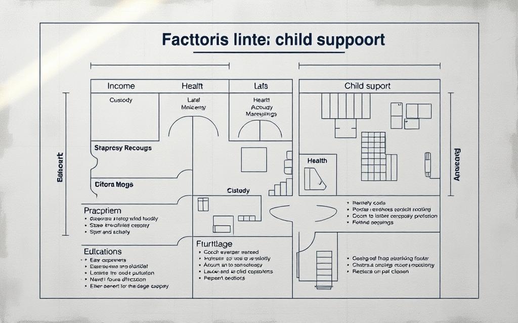 Detailed Architectural Blueprint Laying Out The Key Factors Influencing Child Support Amounts - Income, Custody, Health, Childcare, And Education Costs. Rendered In A Technical, Engineering-Style Diagram With Clean Lines, Precise Measurements, And Color-Coded Sections. Soft, Directional Lighting From The Top Left Casts Dimensional Shadows, Creating Depth And Emphasizing The Blueprint'S Structure. Painted On A Textured Canvas With A Muted, Professional Color Palette Of Grays, Blues, And Earth Tones. The Overall Mood Is Serious, Analytical, And Informative, Reflecting The Complex Legal And Financial Considerations Involved. Detailed Architectural Blueprint Laying Out The Key Factors Influencing Child Support Amounts - Income, Custody, Health, Childcare, And Education Costs. Rendered In A Technical, Engineering-Style Diagram With Clean Lines, Precise Measurements, And Color-Coded Sections. Soft, Directional Lighting From The Top Left Casts Dimensional Shadows, Creating Depth And Emphasizing The Blueprint'S Structure. Painted On A Textured Canvas With A Muted, Professional Color Palette Of Grays, Blues, And Earth Tones. The Overall Mood Is Serious, Analytical, And Informative, Reflecting The Complex Legal And Financial Considerations Involved.
