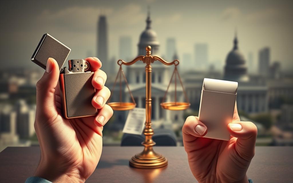 A Detailed 3D Illustration Depicting The Comparison Between Federal And State Lighter Purchase Regulations. In The Foreground, Two Hands, One Holding A Sleek Metal Lighter, The Other A Plastic Disposable Lighter, Symbolizing The Different Products. In The Middle Ground, A Set Of Judicial Scales Balancing State And Federal Regulations, Represented By Official-Looking Documents And Seals. In The Background, A Cityscape With State And Federal Government Buildings, Conveying The Hierarchical Relationship Between The Two Regulatory Levels. The Lighting Is Dramatic, With Sharp Shadows And Highlights Accentuating The Contrast Between The Two Types Of Lighters And The Regulatory Frameworks. The Overall Tone Is One Of Seriousness And Technicality, Befitting The Legal And Legislative Nature Of The Subject Matter.