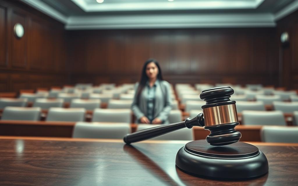 A Somber Courtroom Scene, Bathed In A Cool, Sterile Light. In The Foreground, A Judge'S Gavel Rests On A Wooden Bench, A Symbol Of The Weighty Legal Consequences At Hand. In The Middle Ground, A Parent Stands Anxiously, Their Face Etched With Concern, Awaiting The Court'S Decision On A Custody Agreement Violation. The Background Is Dominated By Mahogany Paneling And Rows Of Empty Seats, Creating A Sense Of Gravity And Formality. The Overall Mood Is One Of Trepidation And The Heavy Weight Of The Law Bearing Down On The Individual.