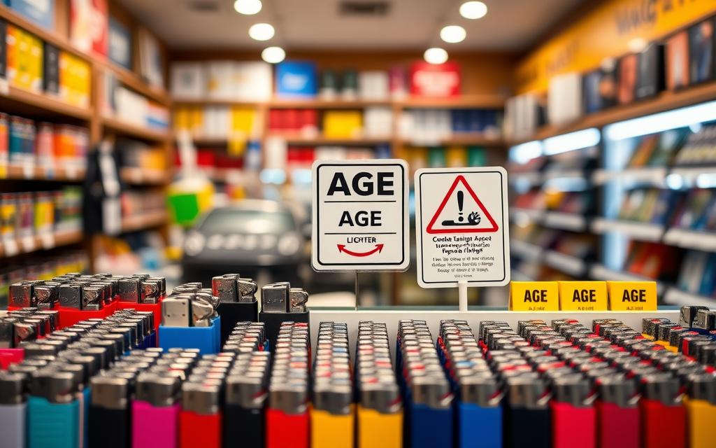 A Well-Lit, Detailed Shot Of A Retail Store'S Display Counter Showcasing Various Lighter Products And Signage. In The Foreground, A Variety Of Refillable And Disposable Lighters In Different Colors And Styles Are Neatly Arranged. The Middle Ground Features Clearly Visible Age Restriction Signage, Indicating The Legal Purchasing Age For Lighters. In The Background, The Store'S Shelving And Lighting Create A Warm, Inviting Atmosphere, Hinting At The Store'S Policies And Commitment To Responsible Lighter Sales. The Image Conveys A Sense Of Professionalism And Attention To Regulatory Compliance Within The Retail Environment.