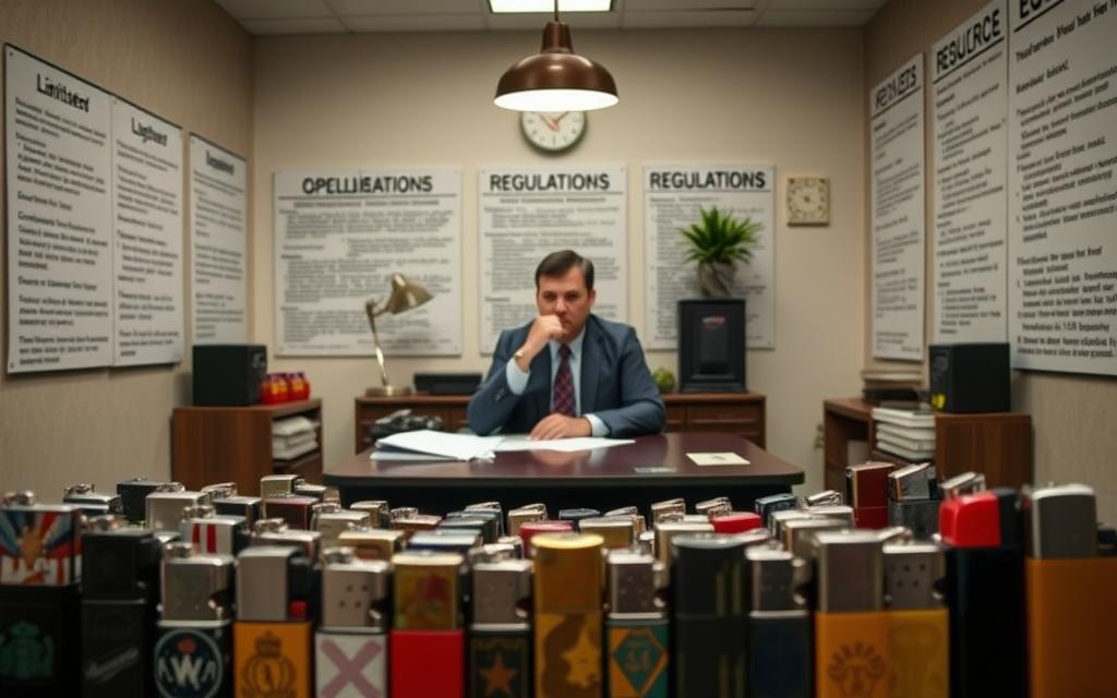 A Well-Lit Room, The Walls Adorned With Federal Regulations Governing The Sale And Use Of Lighters. In The Foreground, A Collection Of Various Lighter Models, Their Designs Subtly Illustrating The Limitations Imposed By Guidelines. The Middle Ground Showcases A Desk, Documents, And A Thoughtful Executive Contemplating The Nuances Of These Regulations. The Background Fades Into A Sense Of Legality And Bureaucracy, Hinting At The Complexities Inherent In Interpreting And Implementing These Federal Guidelines.